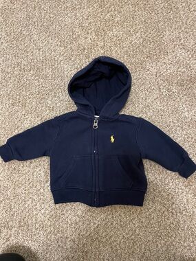 Ralph Lauren Boys Navy Hooded Zip-Up Sweatshirt with Yellow Pony